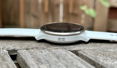 A side-view of the Garmin Venu 3 showing the speaker slots