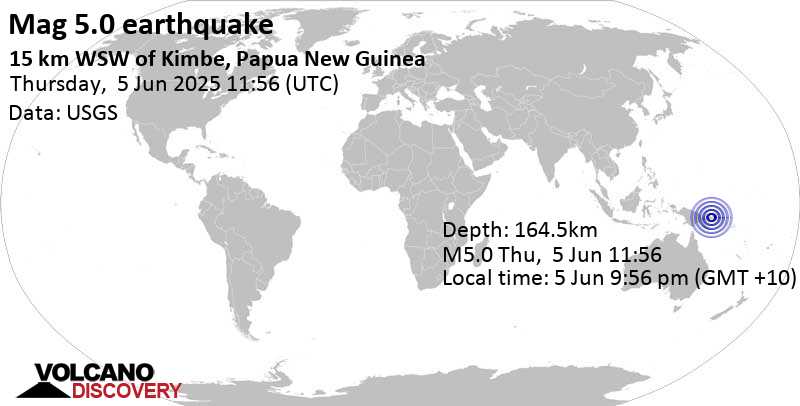 5.0 quake 16 km southwest of Kimbe, West New Britain Province, Papua New Guinea, Jun 5, 2025 09:56 pm (GMT +10)