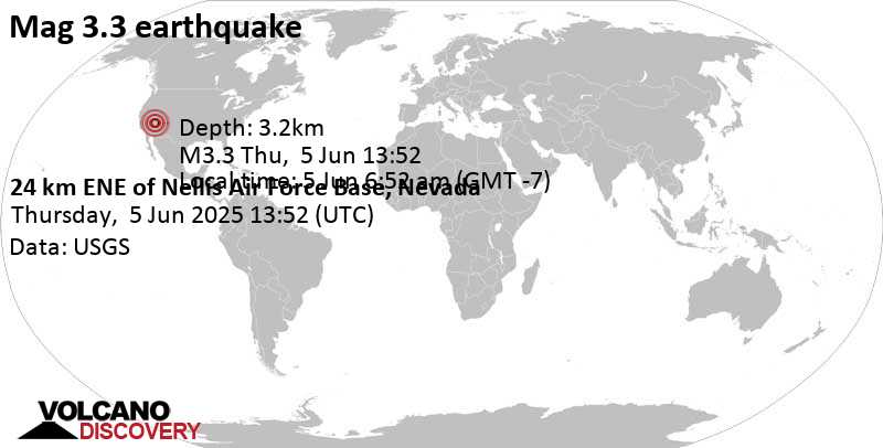 3.3 quake 17 mi northeast of Sunrise Manor, Clark County, Nevada, United States, Jun 5, 2025 06:52 am (GMT -7)