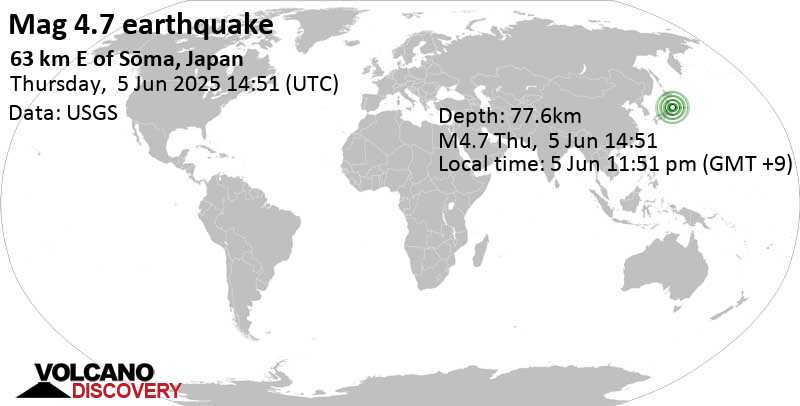 4.7 quake North Pacific Ocean, 83 km southeast of Sendai, Miyagi, Japan, Jun 5, 2025 11:51 pm (GMT +9)