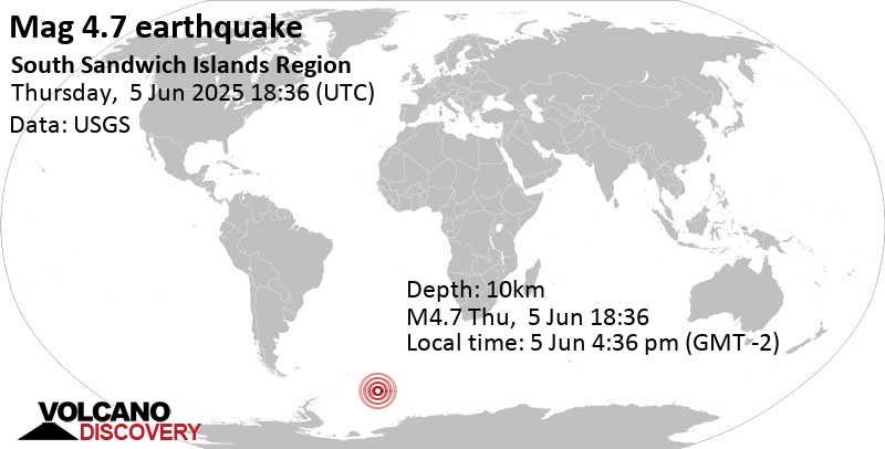 4.7 quake South Sandwich Islands Region Jun 5, 2025 04:36 pm (GMT -2)