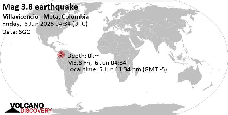 3.8 quake 16 km west of Villavicencio, Departamento del Meta, Colombia, Jun 5, 2025 11:34 pm (GMT -5)