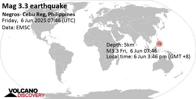 3.3 quake 11 km west of Dumaguete, Philippines, Jun 6, 2025 03:46 pm (GMT +8)