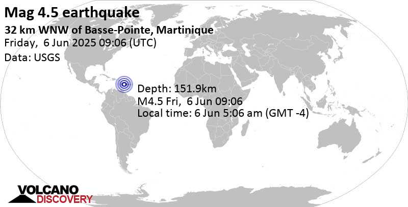 4.5 quake Caribbean Sea, 52 km northwest of Fort-de-France, Martinique, Jun 6, 2025 05:06 am (GMT -4)