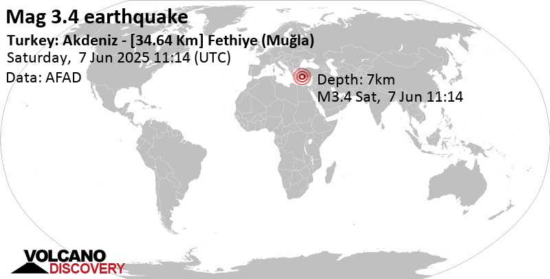 3.4 quake Eastern Mediterranean, 45 km southwest of Fethiye, Mugla, Turkey, Jun 7, 2025 02:14 pm (Istanbul time)