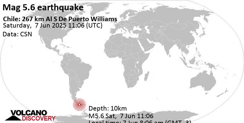 5.6 quake South Atlantic Ocean, 326 km southeast of Isla Phillips Island, Region de Magallanes y Antartica Chilena, Chile, Jun 7, 2025 08:06 am (GMT -3)