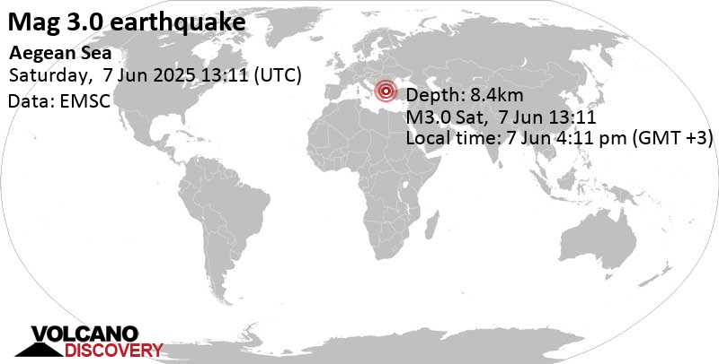 3.0 quake Mount Athos, 25 km southeast of Ierissos, Chalkidikí, Central Macedonia, Greece, Jun 7, 2025 04:11 pm (GMT +3)