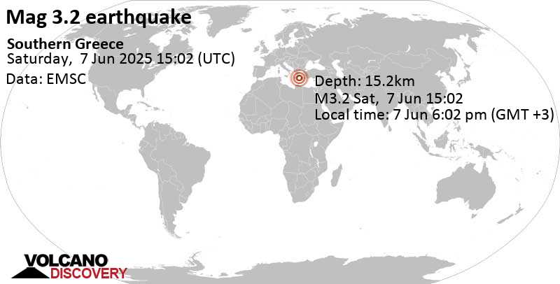 3.2 quake Ionian Sea, 3.5 km northwest of Elafonisos Island, Greece, Jun 7, 2025 06:02 pm (GMT +3)