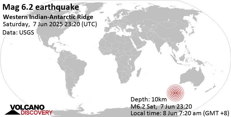 6.2 quake Western Indian-Antarctic Ridge Jun 7, 2025 11:20 pm (Universal Time)