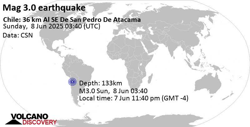 3.0 quake 36 km southeast of San Pedro de Atacama, El Loa, Region de Antofagasta, Chile, Jun 7, 2025 11:40 pm (GMT -4)