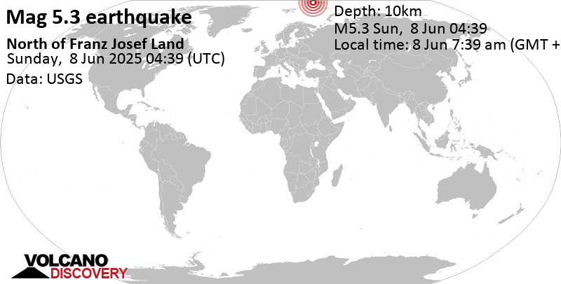 5.3 quake North of Franz Josef Land Jun 8, 2025 07:39 am (GMT +3)