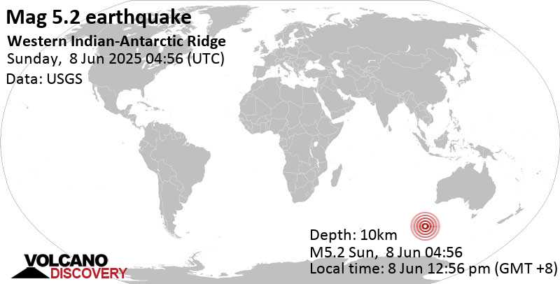5.2 quake Western Indian-Antarctic Ridge Jun 8, 2025 12:56 pm (GMT +8)
