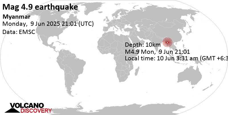 4.9 quake Nay Pyi Taw, 51 km north of Meiktila, Mandalay Region, Myanmar, Jun 10, 2025 03:31 am (Yangon time)