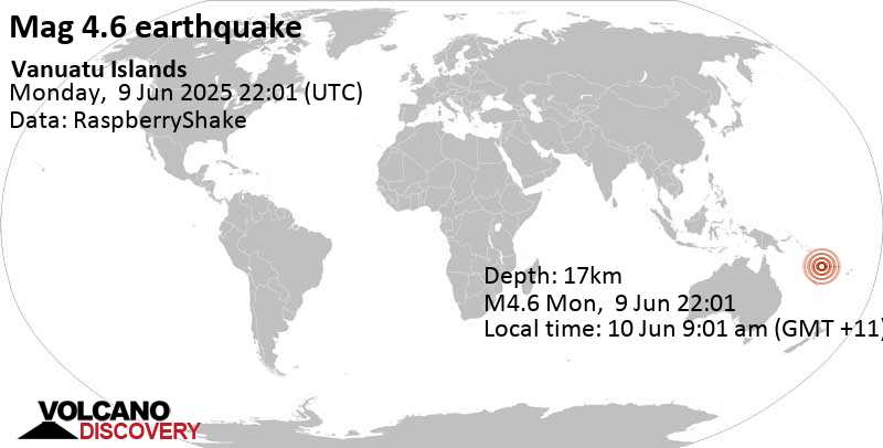 4.6 quake 48 km west of Luganville, Sanma Province, Vanuatu, Jun 10, 2025 09:01 am (Efate time)