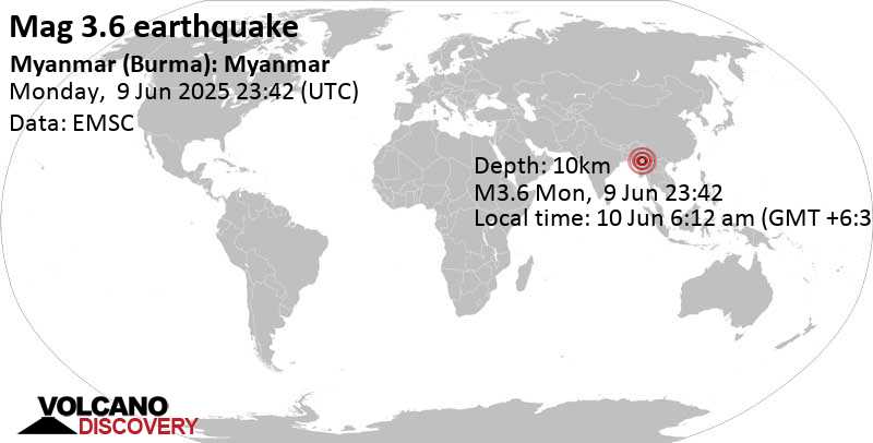 3.6 quake 11 km east of Pyin Oo Lwin, Mandalay Region, Myanmar, Jun 10, 2025 06:12 am (GMT +6:30)