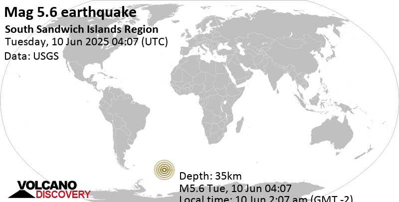 5.6 quake South Atlantic Ocean, 159 km northwest of Visokoi Island, South Georgia and the South Sandwich Islands, Jun 10, 2025 02:07 am (GMT -2)