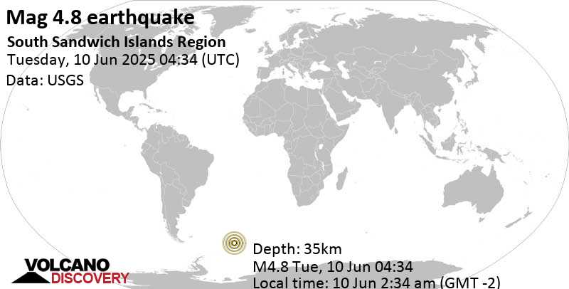 4.8 quake South Atlantic Ocean, 162 km northwest of Visokoi Island, South Georgia and the South Sandwich Islands, Jun 10, 2025 02:34 am (GMT -2)