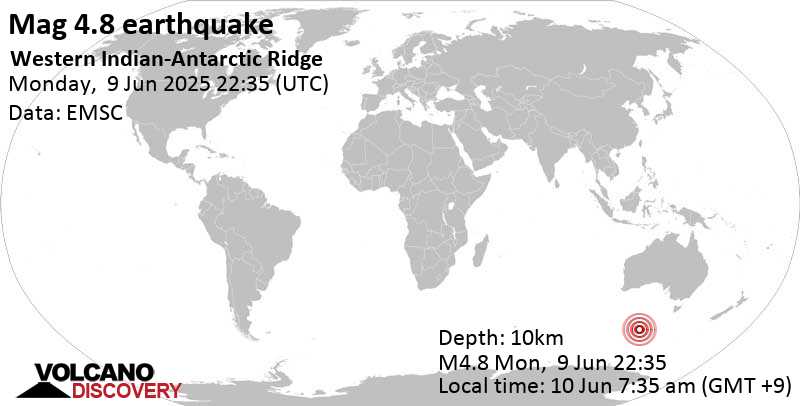 4.8 quake Western Indian-Antarctic Ridge Jun 10, 2025 07:35 am (GMT +9)
