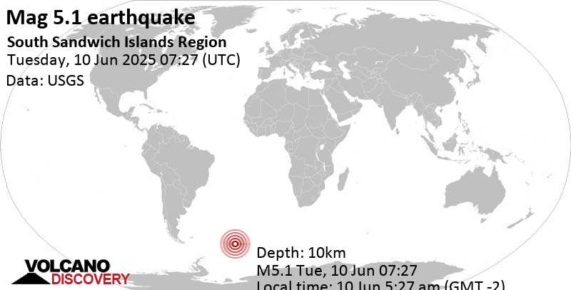 5.1 quake South Atlantic Ocean, 161 km northwest of Visokoi Island, South Georgia and the South Sandwich Islands, Jun 10, 2025 05:27 am (GMT -2)
