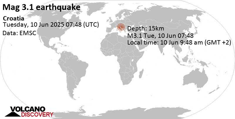 3.1 quake Adriatic Sea, 15 km east of Zadar, Zadar County, Croatia, Jun 10, 2025 09:48 am (GMT +2)