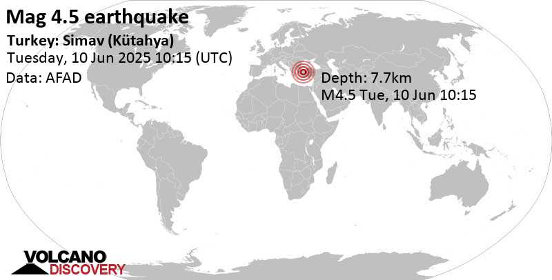 4.5 quake 16 km north of Simav, Kuetahya, Turkey, Jun 10, 2025 01:15 pm (Istanbul time)