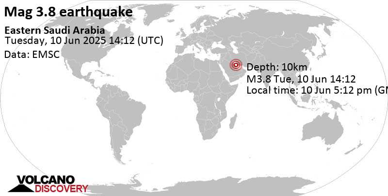 3.8 quake 33 km east of Jubail, Eastern Province, Saudi Arabia, Jun 10, 2025 05:12 pm (GMT +3)