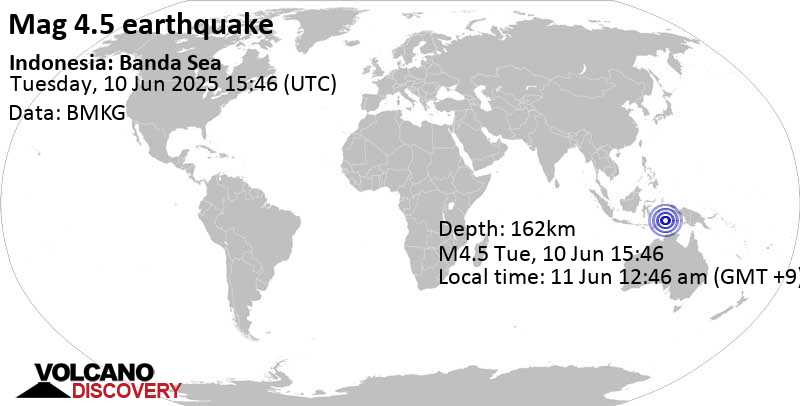 4.5 quake Banda Sea, 123 km north of Metang Island, Maluku, Indonesia, Jun 11, 2025 12:46 am (Jayapura time)