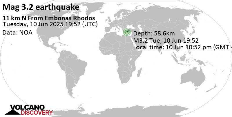 3.2 quake Aegean Sea, 29 km northeast of Nisi Chalki Island, Greece, Jun 10, 2025 10:52 pm (GMT +3)