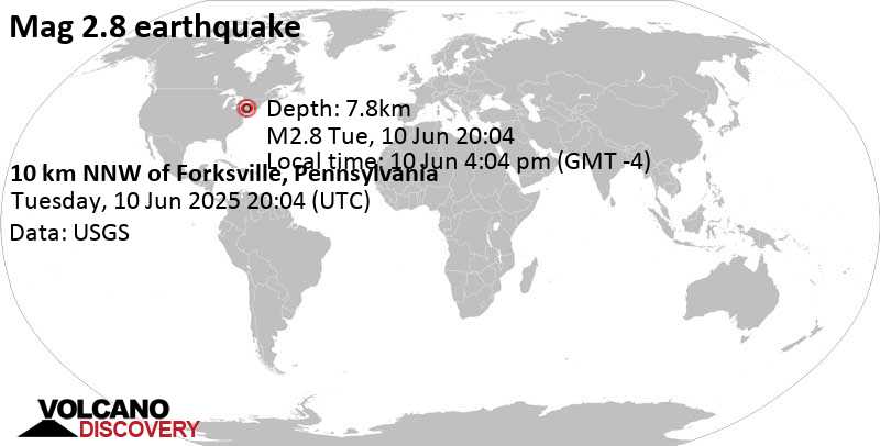 2.8 quake Bradford County, 29 mi northeast of Williamsport, Lycoming County, Pennsylvania, United States, Jun 10, 2025 04:04 pm (GMT -4)