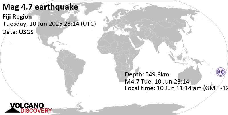 4.7 quake South Pacific Ocean, 196 km south of Kabara Island, Eastern, Fiji, Jun 10, 2025 11:14 am (GMT -12)