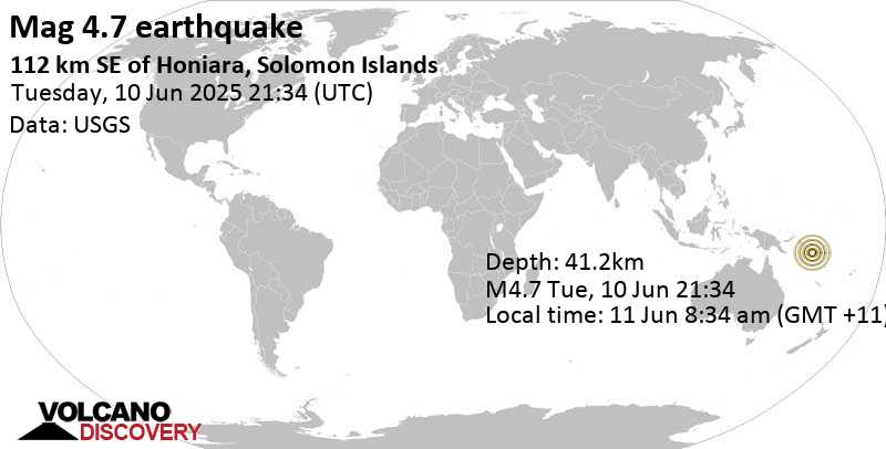 4.7 quake Solomon Sea, 88 km southeast of Guadalcanal Island, Solomon Islands, Jun 11, 2025 08:34 am (GMT +11)