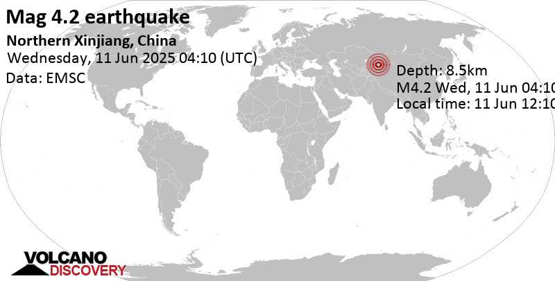 4.2 quake 23 km southeast of Kax, Xinjiang, China, Jun 11, 2025 12:10 pm (Urumqi time)