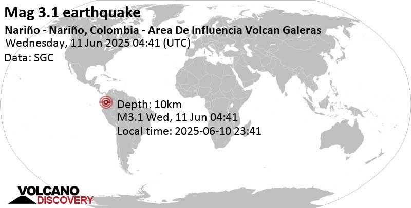 3.1 quake 7.3 km northwest of Pasto, Departamento de Narino, Colombia, Jun 10, 2025 11:41 pm (GMT -5)