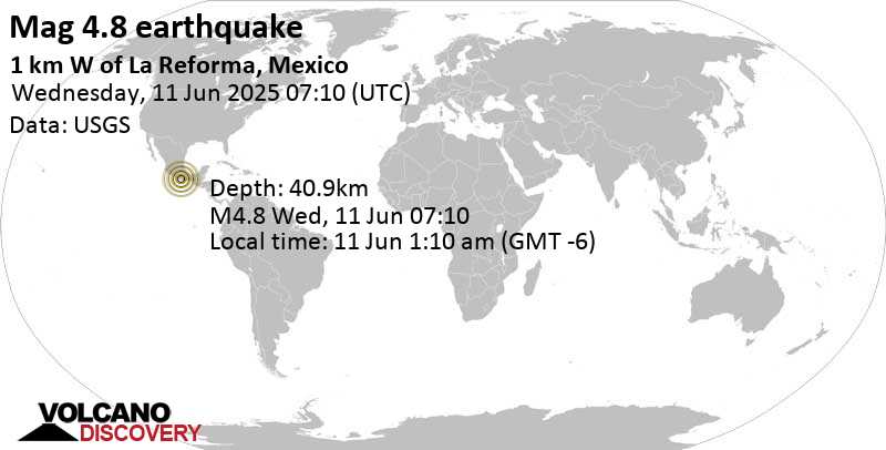4.8 quake 38 km northeast of Pinotepa Nacional, Estado de Oaxaca, Mexico, Jun 11, 2025 01:10 am (Mexico City time)