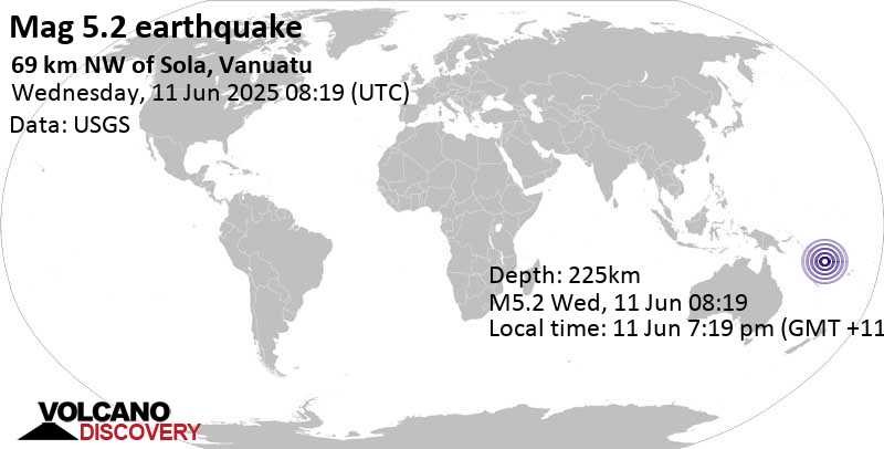 5.2 quake Coral Sea, 25 km northwest of Ureparapara Island, Torba Province, Vanuatu, Jun 11, 2025 07:19 pm (Efate time)