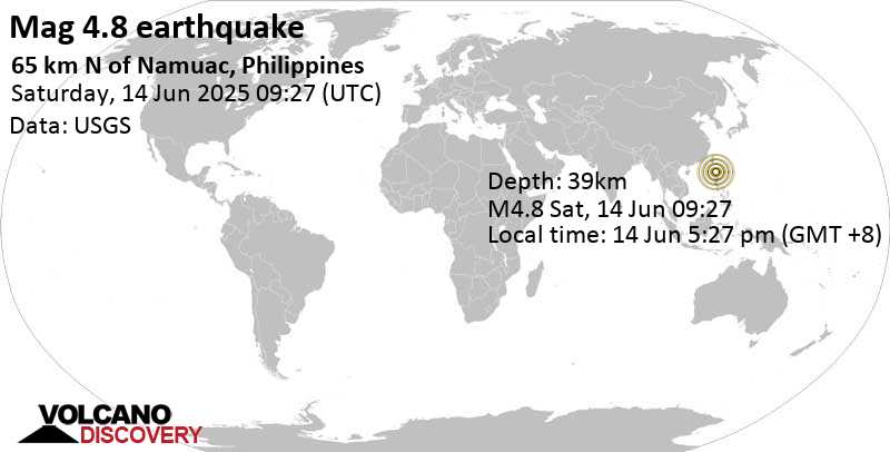 4.8 quake South China Sea, 33 km southwest of Calayan Island, Philippines, Jun 14, 2025 05:27 pm (Manila time)