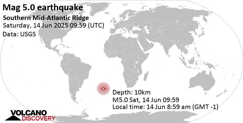 5.0 quake South Atlantic Ocean, Saint Helena, Jun 14, 2025 08:59 am (GMT -1)