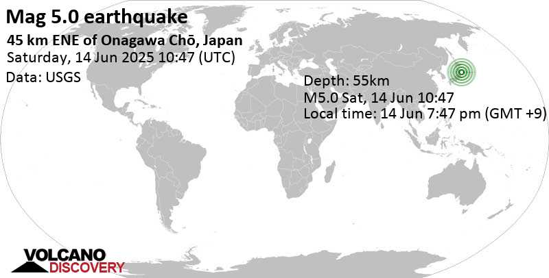 5.0 quake North Pacific Ocean, 59 km east of Ishinomaki, Miyagi, Japan, Jun 14, 2025 07:47 pm (GMT +9)