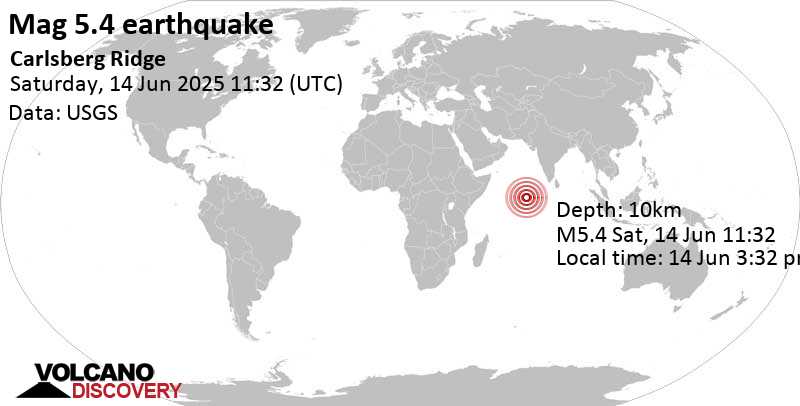 5.4 quake Indian Ocean, Maldives, Jun 14, 2025 03:32 pm (GMT +4)