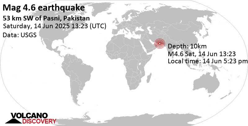 4.6 quake Arabian Sea, 54 km southwest of Pasni, Balochistan, Pakistan, Jun 14, 2025 05:23 pm (GMT +4)