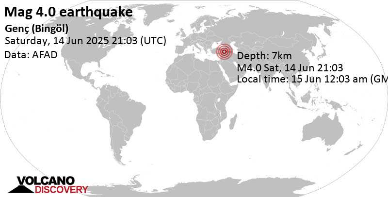 4.0 quake Elazig, 47 km southwest of Bingoel, Bingoel, Turkey, Jun 15, 2025 12:03 am (Istanbul time)