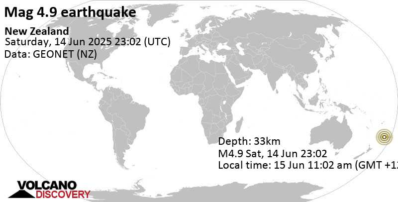 4.9 quake South Pacific Ocean, 167 km northeast of Raoul Island, New Zealand, Jun 15, 2025 11:02 am (GMT +12)