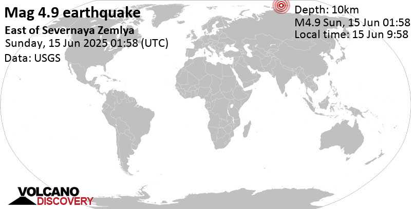 4.9 quake East of Severnaya Zemlya Jun 15, 2025 09:58 am (GMT +8)