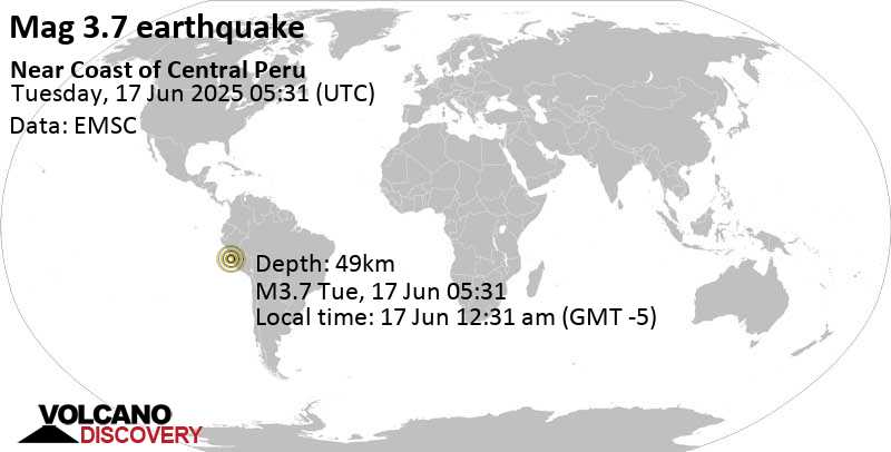 3.7 quake South Pacific Ocean, 31 km northwest of Isla San Lorenzo Island, Callao, Peru, Jun 17, 2025 12:31 am (GMT -5)