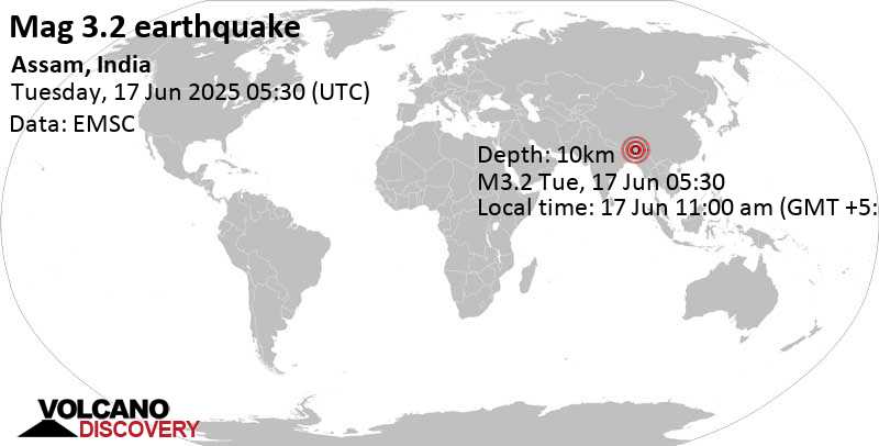 3.2 quake Hojai, 27 km south of Tezpur, Sonitpur, Assam, India, Jun 17, 2025 11:00 am (GMT +5:30)