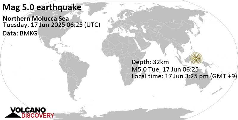 5.0 quake Maluku Sea, 101 km north of Pulau Mayu Island, North Maluku, Indonesia, Jun 17, 2025 03:25 pm (GMT +9)