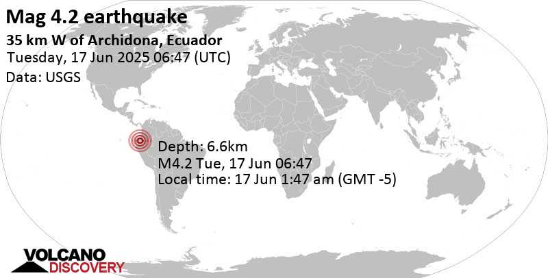 4.2 quake 55 km east of Latacunga, Provincia de Cotopaxi, Ecuador, Jun 17, 2025 01:47 am (Guayaquil time)