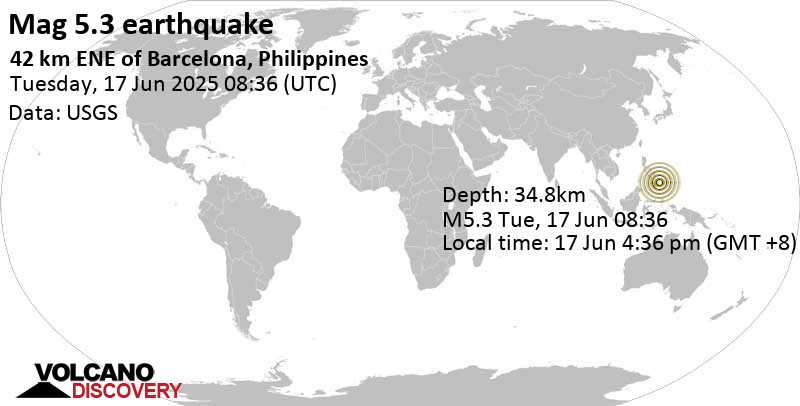 5.3 quake Philippine Sea, 54 km east of Bislig, Philippines, Jun 17, 2025 04:36 pm (GMT +8)