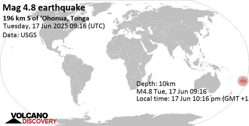 4.8 quake South Pacific Ocean, 193 km south of 'Eua Island, Eua, Tonga, Jun 17, 2025 10:16 pm (GMT +13)