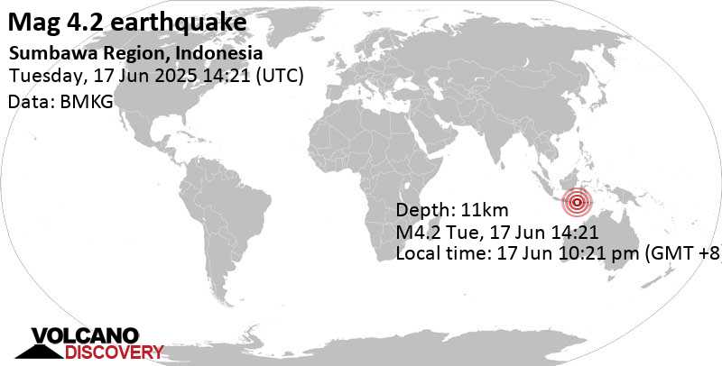 4.2 quake Flores Sea, 21 km northeast of Pulau Ngali Island, West Nusa Tenggara, Indonesia, Jun 17, 2025 10:21 pm (Makassar time)